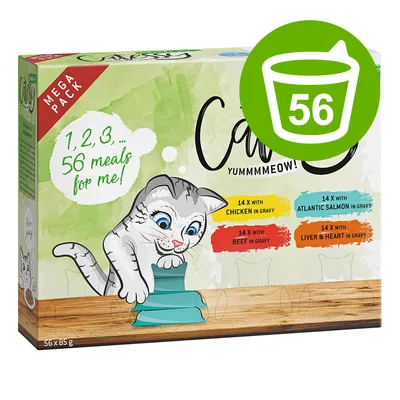 Mega Pack alimento para gatos, 56 x 85 g. Contém 14 x frango em molho, 14 x salmão do Atlântico em molho, 14 x vaca em molho, 14 x fígado e coração em molho.