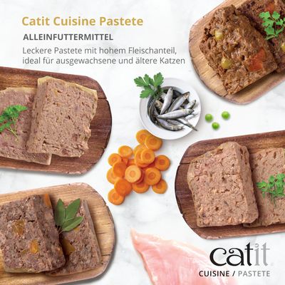 Catit Cuisine Hühnerfleisch-Pastete mit Hühnerleber, getreidefrei, 95g. Verpackung zeigt Produkt und Katze.