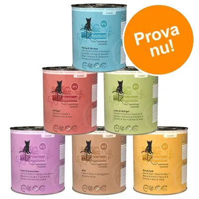 Sex burkar Catz finefood våtfoder för katt i olika smaker och färger. Orange cirkel med texten: Prova nu! Sex burkar Catz finefood våtfoder för katt i olika smaker och färger. Orange cirkel med texten: Prova nu!