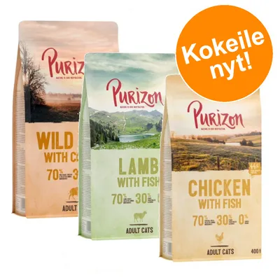 Purizon-kissanruokapakkaukset: Wild with Chicken, Lamb with Fish, Chicken with Fish. Teksti: 70 % eläinperäisiä aineksia, 30 % kasviperäisiä. Oranssi ympyrä: Kokeile nyt! Purizon-kissanruokapakkaukset: Wild with Chicken, Lamb with Fish, Chicken with Fish. Teksti: 70 % eläinperäisiä aineksia, 30 % kasviperäisiä. Oranssi ympyrä: Kokeile nyt!