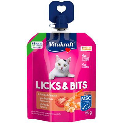 Vitakraft Licks & Bits Rejer & Tomat, 60 g. Genanvendelig emballage, Made in Germany, uden tilsat sukker, uden korn, MSC-certificeret, uden farve- og konserveringsstoffer.