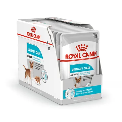 Royal Canin Urinary Care All Sizes koiran märkäruoka 85 g annospusseissa, pakkauksessa pieni koira ja teksti 'Urinary tract health'.