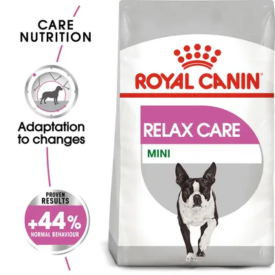 Relax Care Mini food with adaptation to changes, proven results of plus 44 percent normal behaviour shown on packaging. Relax Care Mini food with adaptation to changes, proven results of plus 44 percent normal behaviour shown on packaging.