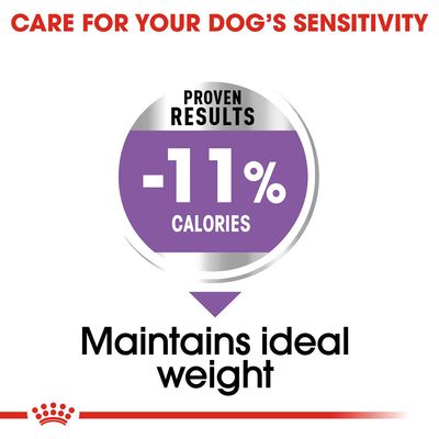 Text: CARE FOR YOUR DOG’S SENSITIVITY. Proven results: -11% calories. Maintains ideal weight.
