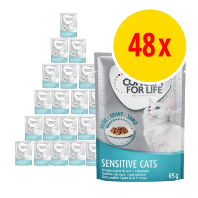 48x Concept for Life Sensitive Cats våtfoder, 85 g portionspåsar med sås. Förpackningen visar en vit katt och texten 'Sensitive cats aged 1 year and over'.
