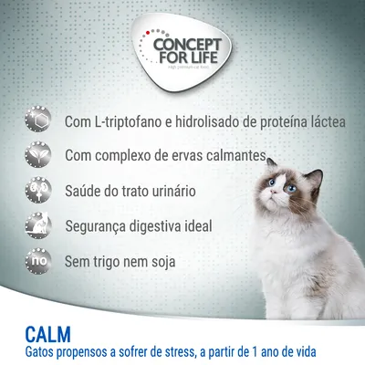 Concept for Life Calm. Com L-triptofano, hidrolisado de proteína láctea, complexo de ervas calmantes, saúde do trato urinário, segurança digestiva, sem trigo nem soja. Para gatos adultos.