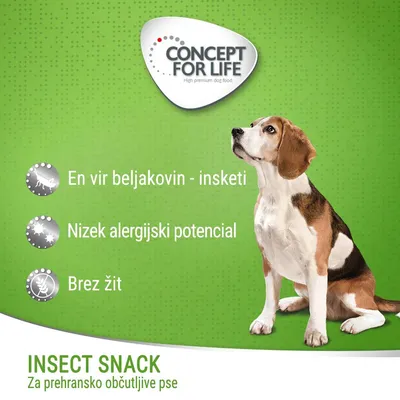 CONCEPT FOR LIFE. En vir beljakovin – insekti, nizek alergijski potencial, brez žit. INSECT SNACK za prehransko občutljive pse.