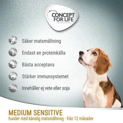 Concept for Life. Säker matsmältning, endast en proteinkälla, bästa acceptans, stärker immunsystemet, innehåller ej vete eller soja. Medium Sensitive hundar med känslig matsmältning från 12 månader.