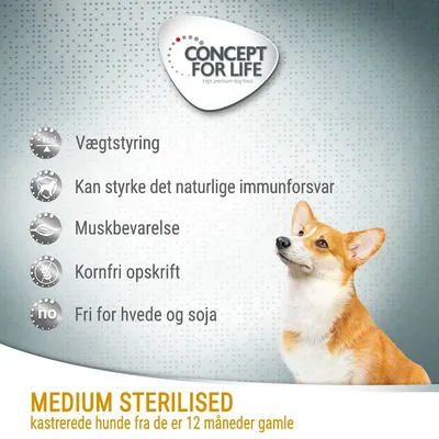 CONCEPT FOR LIFE. Vægtstyring, kan styrke det naturlige immunforsvar, muskelbevarelse, kornfri opskrift, fri for hvede og soja. MEDIUM STERILISED kastrerede hunde fra de er 12 måneder gamle.