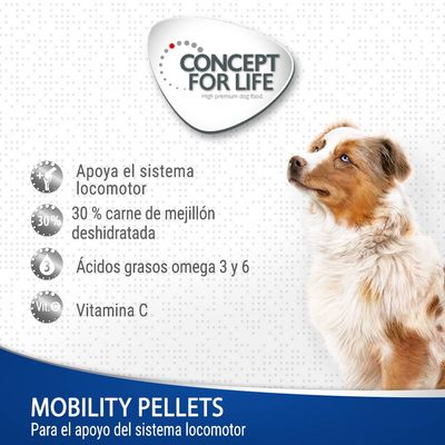 Concept for Life Mobility Pellets. Apoya el sistema locomotor, 30 % carne de mejillón deshidratada, ácidos grasos omega 3 y 6, vitamina C. Para el apoyo del sistema locomotor.