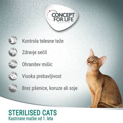 Concept for Life. Kontrola telesne teže, zdravje sečil, ohranitev mišic, visoka prebavljivost, brez pšenice, koruze ali soje. Sterilised Cats – kastrirane mačke od 1. leta.