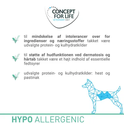 CONCEPT FOR LIFE VETERINARY DIET. Mindskelse af intolerancer over for ingredienser og næringsstoffer, støtte af hudfunktionen ved dermatosis og hårtab, protein- og kulhydratkilder: hest og pastinak. HYPO ALLERGENIC