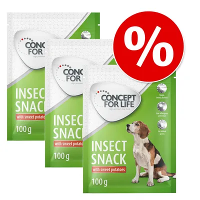 Tre påsar Concept for Life Insect Snack with sweet potatoes 100 g, bild på hund, symbol för rabatt (%), text: single insect protein, low allergenic potential, no added grains.