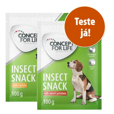 Concept for Life Insect Snack com cenouras 100 g e com batata-doce 100 g. Texto visível: 'Low allergenic potential', 'No added grains', círculo laranja com 'Teste já!'.