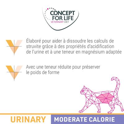 Concept for Life Veterinary Diet. Élaboré pour aider à dissoudre les calculs de struvite, acidification de l'urine, teneur en magnésium adaptée, teneur réduite pour préserver le poids de forme. URINARY MODERATE CALORIE.