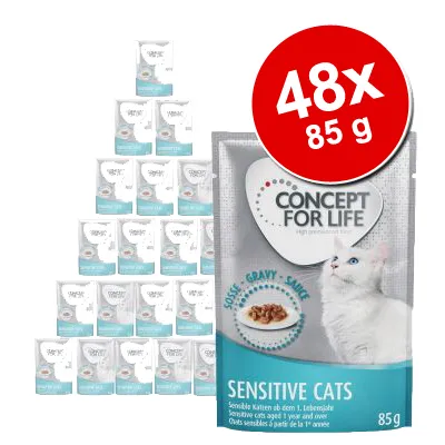 48x85 g Concept for Life Sensitive Cats våtfoder, förpackning med vit katt och texten 'Sosse Gravy Sauce', varje påse 85 g.