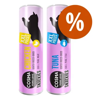 Cosma Snackies XXL Pieces, dwa opakowania: Chicken 100% Pure Meat i Tuna 100% Pure Fish. Napis procentowy na pomarańczowym tle oznaczający promocję.
