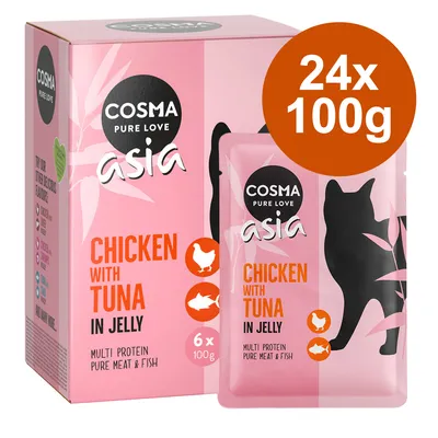Cosma Asia Chicken with Tuna in Jelly, Multi Protein rent kött och fisk, förpackning med 24x100g. Rosa förpackningsdesign med kattens siluett.