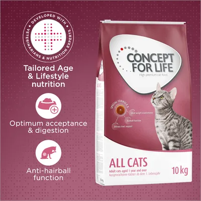 Concept for Life All Cats 10kg. Developed with veterinarians and nutrition experts. Tailored age and lifestyle nutrition, optimum acceptance and digestion, anti-hairball function.