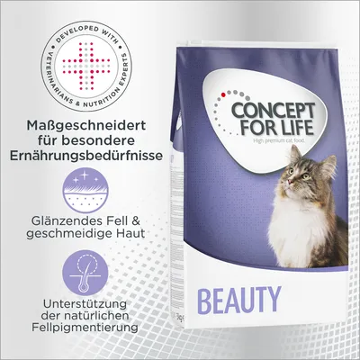 Concept for Life Beauty Katzenfutter, maßgeschneidert für besondere Ernährungsbedürfnisse. Glänzendes Fell & geschmeidige Haut, Unterstützung der natürlichen Fellpigmentierung.