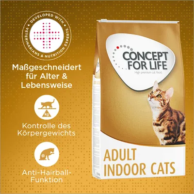 Concept for Life Adult Indoor Cats. Maßgeschneidert für Alter & Lebensweise, Kontrolle des Körpergewichts, Anti-Hairball-Funktion. Entwickelt mit Tierärzten und Ernährungsexperten.