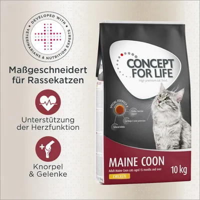 Concept for Life Maine Coon Katzenfutter, massgeschneidert für Rassekatzen. Unterstützung der Herzfunktion und Schutz von Knorpel & Gelenken. 10 kg Packung mit Huhn. Concept for Life Maine Coon Katzenfutter, massgeschneidert für Rassekatzen. Unterstützung der Herzfunktion und Schutz von Knorpel & Gelenken. 10 kg Packung mit Huhn.