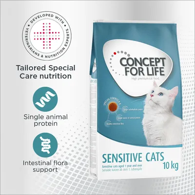 Concept for Life Sensitive Cats 10kg, tailored special care nutrition with single animal protein and intestinal flora support. Developed with veterinarians and nutrition experts. Concept for Life Sensitive Cats 10kg, tailored special care nutrition with single animal protein and intestinal flora support. Developed with veterinarians and nutrition experts.