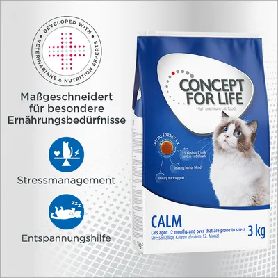 Concept for Life Calm Katzenfutter, massgeschneidert für besondere Ernährungsbedürfnisse. Stressmanagement und Entspannungshilfe. Für stressanfällige Katzen ab 12 Monaten, 3 kg. Concept for Life Calm Katzenfutter, massgeschneidert für besondere Ernährungsbedürfnisse. Stressmanagement und Entspannungshilfe. Für stressanfällige Katzen ab 12 Monaten, 3 kg.