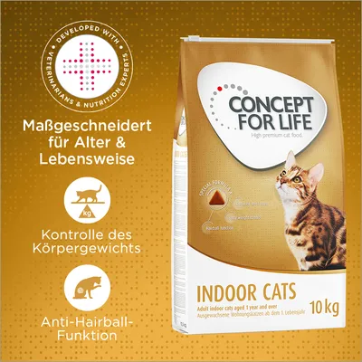 Concept for Life Indoor Cats 10 kg, mentions contrôle du poids, fonction anti-boules de poils, développé avec des experts vétérinaires et nutritionnels. Texte en allemand et anglais visible.