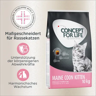 Concept for Life Maine Coon Kitten, 10kg. Massgeschneidert für Rassekatzen. Unterstützung der körpereigenen Abwehrkräfte. Harmonisches Wachstum. Entwickelt mit Tierärzten und Ernährungsexperten. Concept for Life Maine Coon Kitten, 10kg. Massgeschneidert für Rassekatzen. Unterstützung der körpereigenen Abwehrkräfte. Harmonisches Wachstum. Entwickelt mit Tierärzten und Ernährungsexperten.