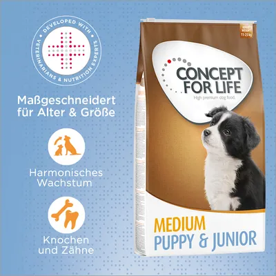 Concept for Life Medium Puppy & Junior Hundefutter. Maßgeschneidert für Alter und Größe, harmonisches Wachstum, unterstützt Knochen und Zähne. Entwickelt mit Tierärzten und Ernährungsexperten.