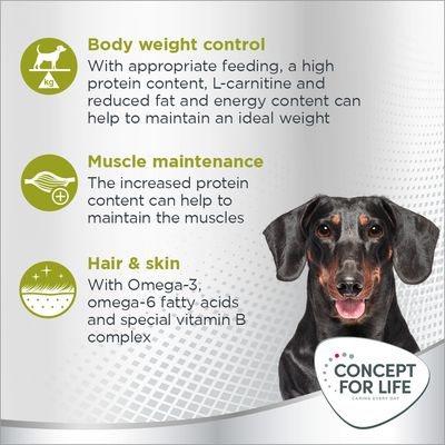 Body weight control with high protein, L-carnitine and reduced fat; muscle maintenance with increased protein; hair and skin support with Omega-3, Omega-6 and vitamin B complex.