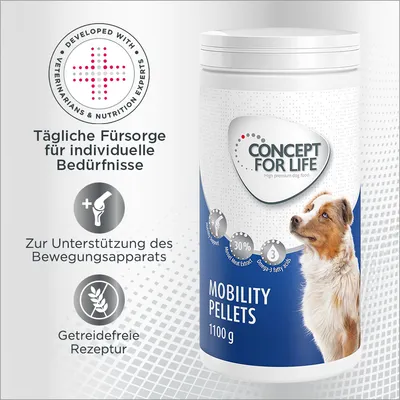 Boîte Concept for Life Mobility Pellets 1100 g, texte en allemand : soutien de l’appareil locomoteur, recette sans céréales, développé avec des vétérinaires et experts en nutrition. Boîte Concept for Life Mobility Pellets 1100 g, texte en allemand : soutien de l’appareil locomoteur, recette sans céréales, développé avec des vétérinaires et experts en nutrition.