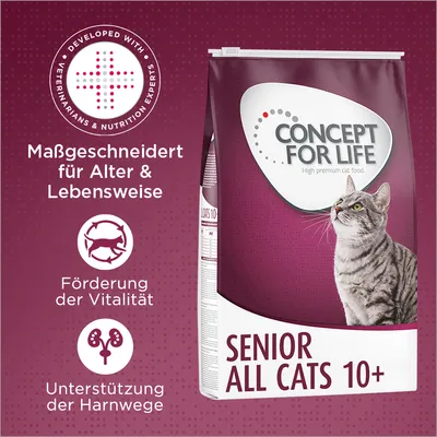 Concept for Life Senior All Cats 10+. Maßgeschneidert für Alter & Lebensweise. Förderung der Vitalität. Unterstützung der Harnwege. Entwickelt mit Tierärzten und Ernährungsexperten. Concept for Life Senior All Cats 10+. Maßgeschneidert für Alter & Lebensweise. Förderung der Vitalität. Unterstützung der Harnwege. Entwickelt mit Tierärzten und Ernährungsexperten.