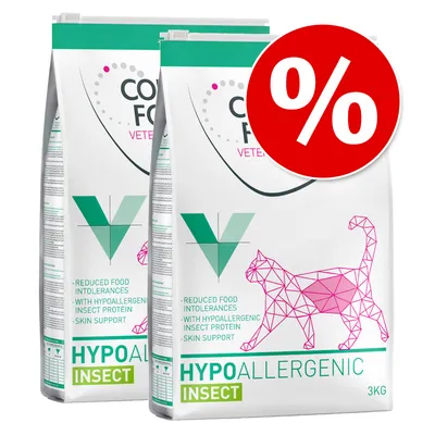 Lot de 2 sacs de croquettes pour chat, texte visible : HYPOALLERGENIC INSECT, 3 kg, réduction des intolérances alimentaires, protéines d’insectes hypoallergéniques, offre avec symbole % rouge.