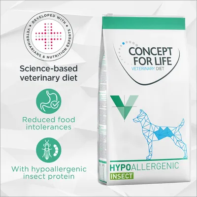 Science-based veterinary diet with reduced food intolerances and hypoallergenic insect protein. Developed with veterinarians and nutrition experts. Concept for Life Veterinary Diet Hypoallergenic Insect.