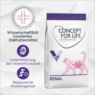 Concept for Life Veterinary Diet Renal. Wissenschaftlich fundiertes Diätfuttermittel. Unterstützung der Nierenfunktion, reduzierter Proteingehalt. Entwickelt mit Tierärzten und Ernährungsexperten.
