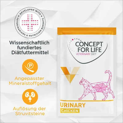 Concept for Life Veterinary Diet Urinary Chicken. Wissenschaftlich fundiertes Diätfuttermittel, angepasster Mineralstoffgehalt, Auflösung der Struvitsteine. Entwickelt mit Experten.
