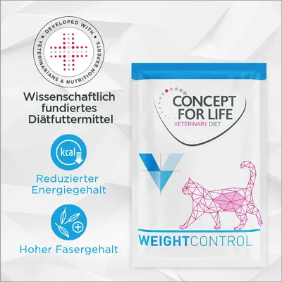 Concept for Life Veterinary Diet Weight Control. Wissenschaftlich fundiertes Diätfuttermittel mit reduziertem Energiegehalt und hohem Fasergehalt. Entwickelt mit Tierärzten.