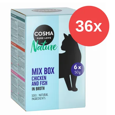 Caja Cosma Pure Love Nature Mix Box, pollo y pescado en caldo, 36x6 sobres de 50 g, ingredientes 100 % naturales. Texto en inglés.