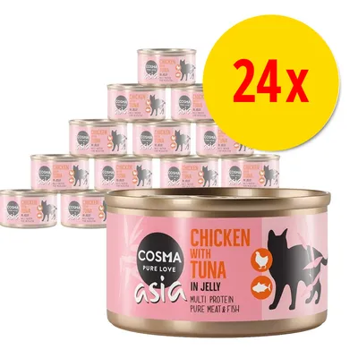 24x Cosma Pure Love Asia Chicken with Tuna in Jelly, Multi Protein Pure Meat & Fish. Dåser med lyserød etiket og sort kattegrafik.