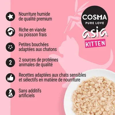 COSMA PURE LOVE asia KITTEN. Nourriture humide premium, riche en viande ou poisson frais, petites bouchées pour chatons, 2 sources de protéines animales, sans additifs artificiels.