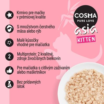 COSMA PURE LOVE asia KITTEN. Krmivo pre mačky v prémiovej kvalite, čerstvé mäso alebo ryby, malé kúsky vhodné pre mačiatka, multiproteín, bez prídavných látok.