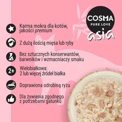 COSMA PURE LOVE asia. Karma mokra dla kotów, jakość premium, dużo mięsa lub ryby, bez sztucznych konserwantów, wielobiałkowa, z ryżem, zgodna z potrzebami gatunku.
