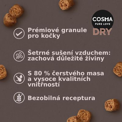 COSMA PURE LOVE DRY. Prémiové granule pro kočky, šetrné sušení vzduchem, 80 % čerstvého masa a vnitřností, bezobilná receptura.