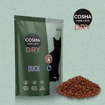 Cosma Pure Love Dry Adult, утка. 100% беззерновой состав, высокий процент мяса: 50% свежее мясо, только отборные ингредиенты.