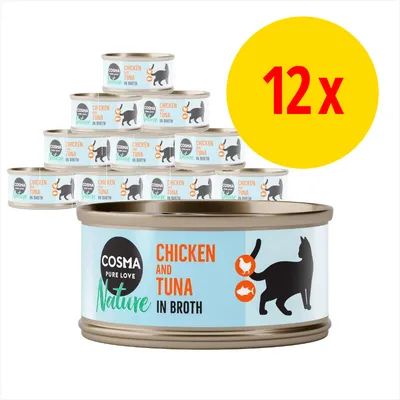 12 dåser Cosma Pure Love Nature Chicken and Tuna in Broth kattemad, synlig tekst på dåserne: CHICKEN AND TUNA IN BROTH, illustration af kat, kylling og tunfisk.