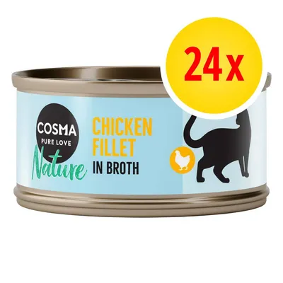 Cosma Pure Love Nature Chicken Fillet in Broth, boîte avec silhouette de chat et poulet, lot de 24x indiqué sur un cercle jaune Cosma Pure Love Nature Chicken Fillet in Broth, boîte avec silhouette de chat et poulet, lot de 24x indiqué sur un cercle jaune