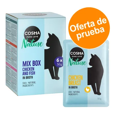 Cosma Nature Mix Box Chicken and Fish in Broth, 6 x 50 g. Sobre: Chicken Breast in Broth 50 g. Oferta de prueba. 100% natural ingredients. Cosma Nature Mix Box Chicken and Fish in Broth, 6 x 50 g. Sobre: Chicken Breast in Broth 50 g. Oferta de prueba. 100% natural ingredients.