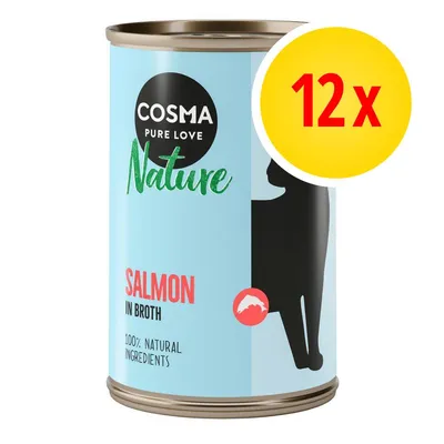 Cosma Nature Pure Love, Salmon in Broth, 100% natural ingredients, lot de 12 boîtes visibles sur l’emballage